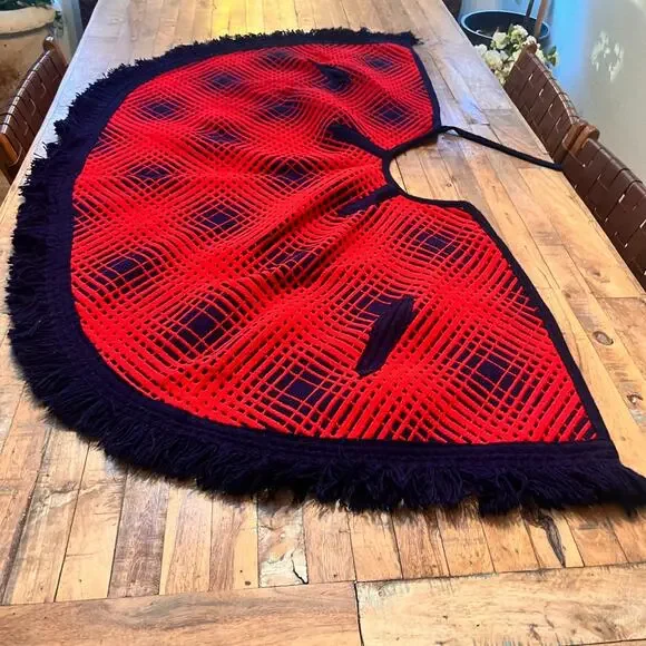 Poncho Cloak 26 x 59 in Knit Red and Blue Geometric Pattern Fringed Wool Blend - Picture 5 of 8
